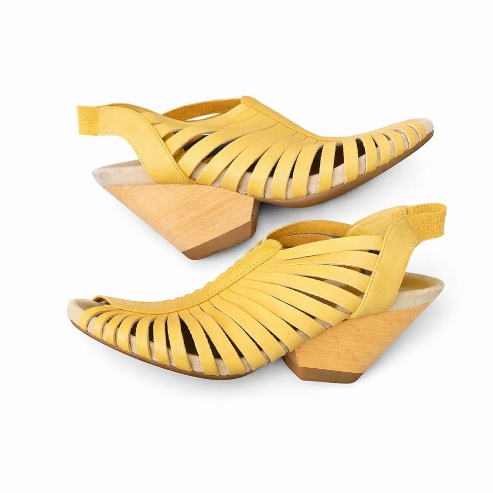 Camper Rachel Yellow Woven Slingback Wedge Sandals Wood Block